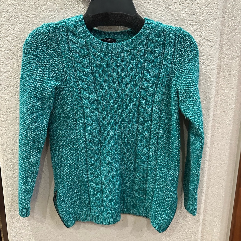 Talbots Turquoise Wool Cable Knit Sweater with side zippers